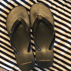 Tory Burch Black and Gold Flip Flops